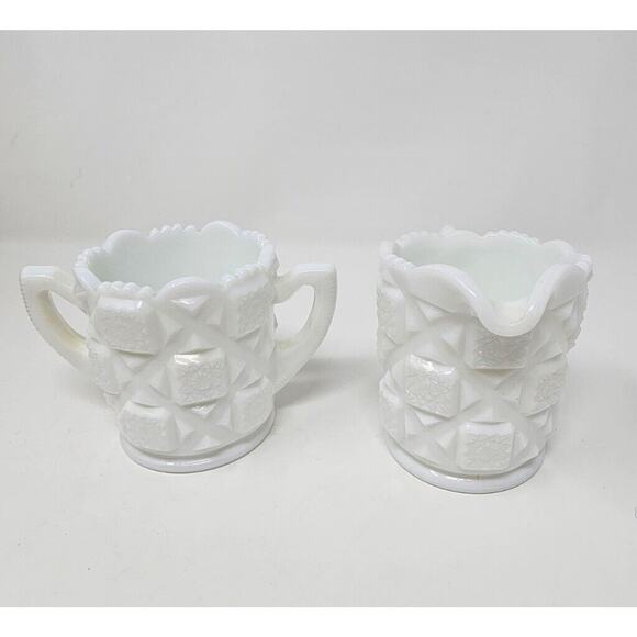 Milk Glass Cream Sugar Set Old Quilt Pattern White Vintage 1940s Westmoreland - Picture 4 of 13